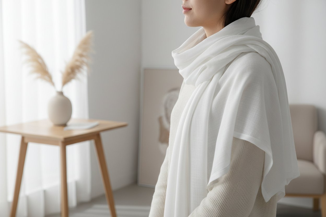 Background image of a pure cotton scarf being worn